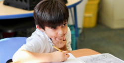 A learner pauses to think about the schoolwork in front of him
