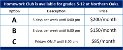 Homework Club Price Chart